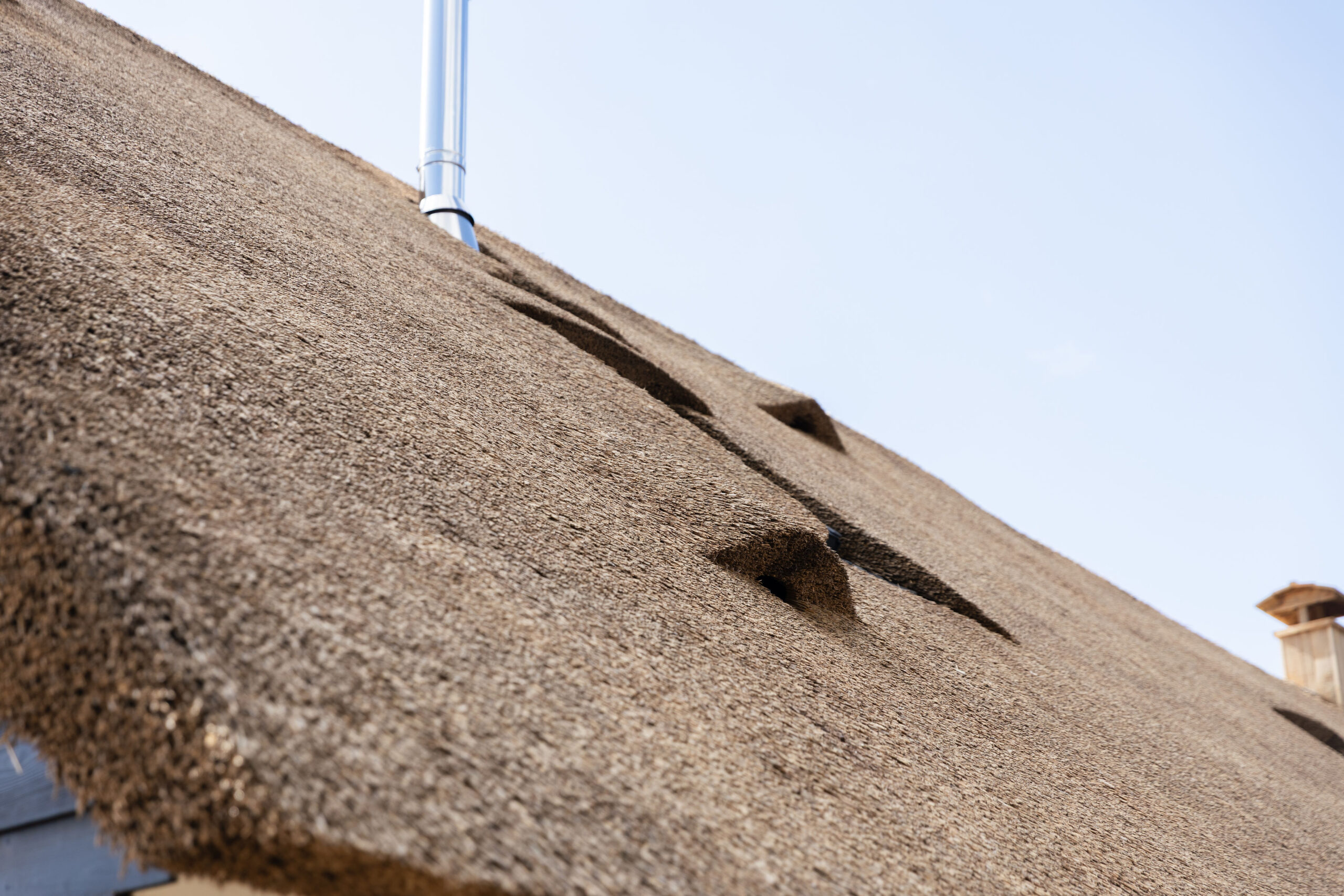 Ventilatie esthetisch weggewerkt in rieten dak, nieuwbouw woonboerderij in Giethoorn